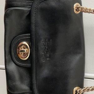 Coach Turnlock Foldover Gold Chain Black Leather Clutch Shoulder Bag